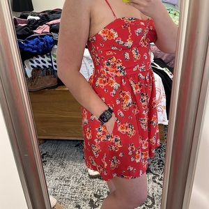 Floral red dress with POCKETS with spaghetti straps